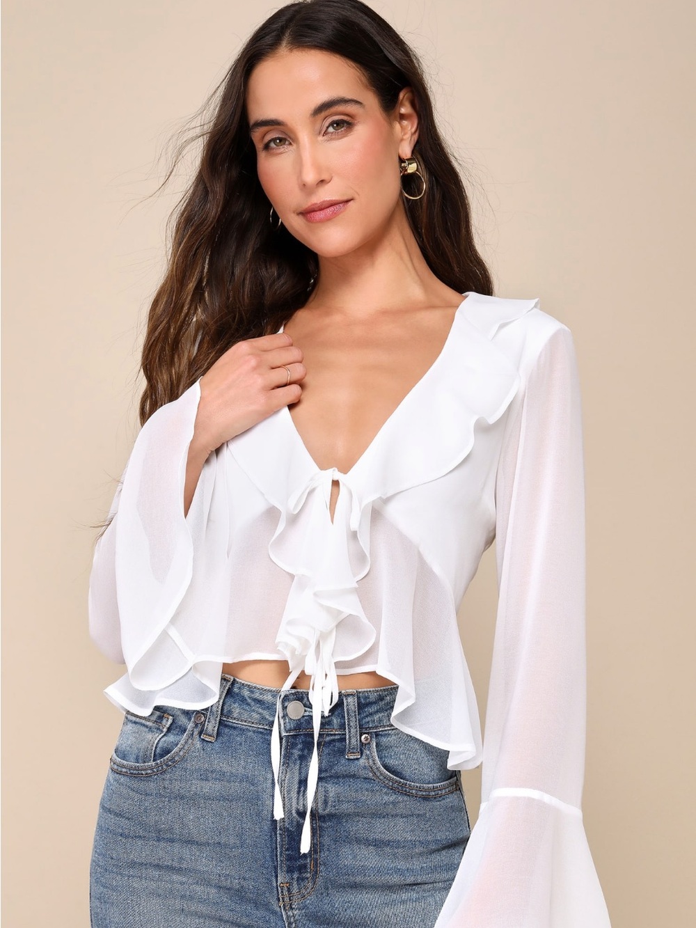 Lulus Thriving Flirt White Chiffon Ruffled Long Sleeve Tie-Front Top